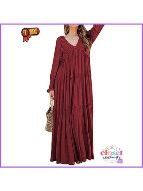Flowy Maxi Dress Long Sleeve V Neck Boho Casual
